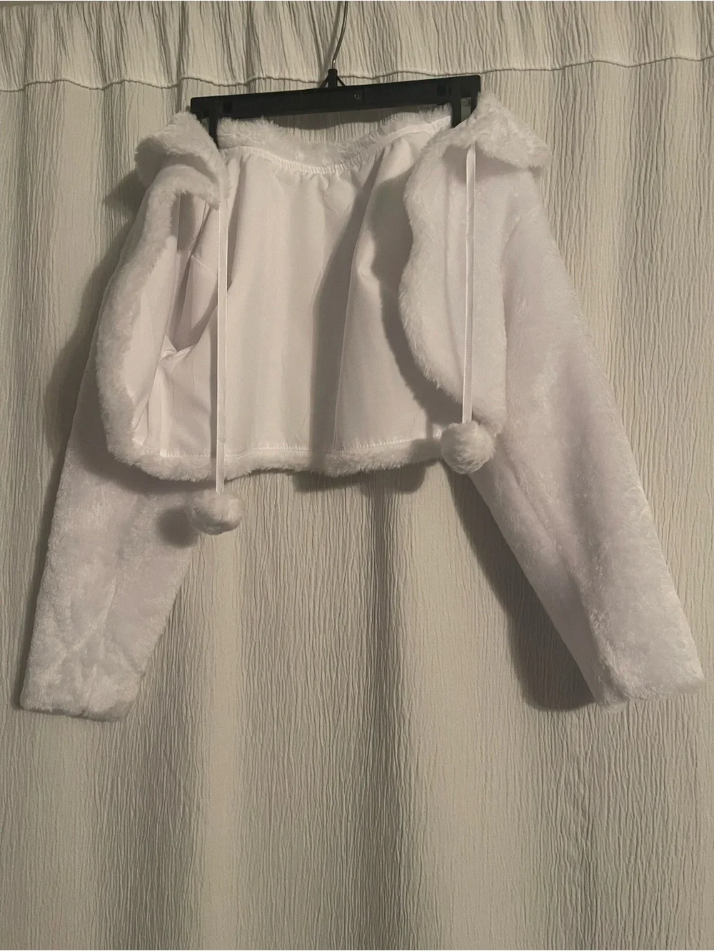 Girls White Hooded Fuzzy Jacket with Pom-Pom Ties